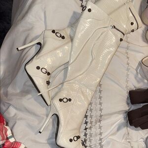 Fashion Nova White Croc-Embossed Heeled Boots